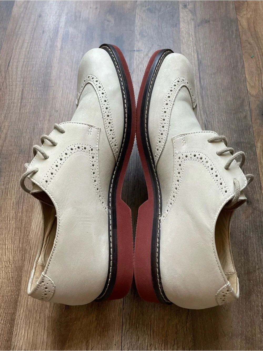 Johnston & Murphy Cream Wingtip Derby with Red-Brown Sole
